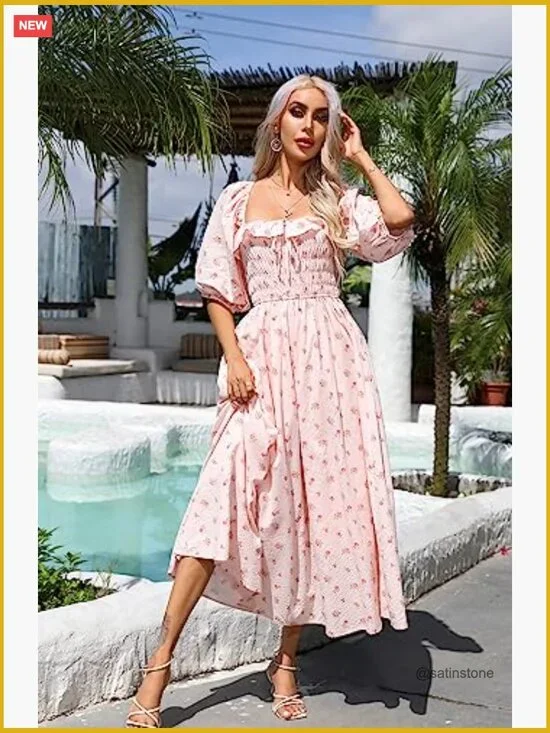 100% Cotton Backless A-Line Flowy Midi Dress with Ruffled Neckline - Picture 3 of 7